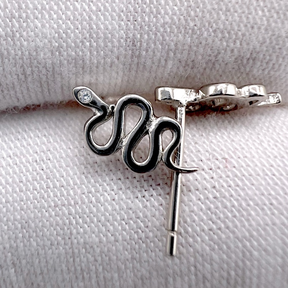 .925 Sterling Silver Snake Earrings with Cz Accent - Picture 12 of 14